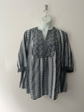 NEW Ulla Popken Floral Embroidered Gray 100% Cotton Top Lightweight 24 26